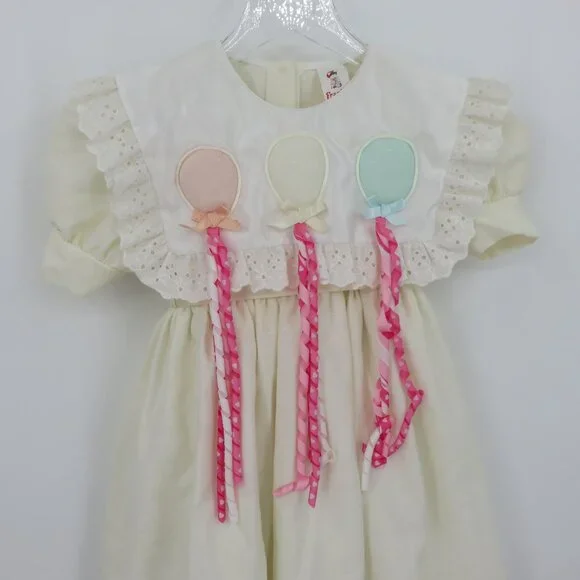 VTG Frankie Girls 4 Ivory Puffy Balloon Bibbed Dress Eyelet Lace Trim Collar